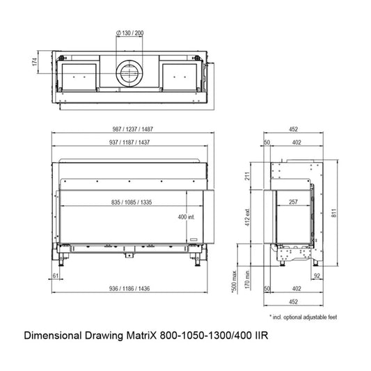 Technische tekening van Faber Matrix 800/400 II Hoek met gedetailleerde afmetingen en specificaties.