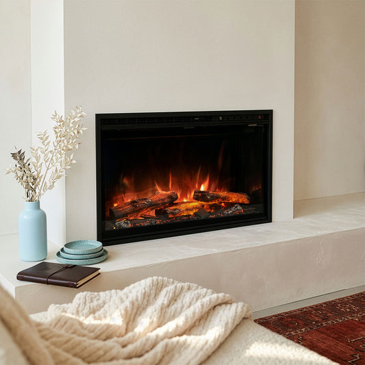 Wanders Redstone 30" elektrische haard met vlammeneffect in een sfeervolle woonkamer