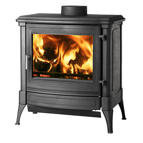 Nestor Martin S43 houtkachel met brandend vuur op witte achtergrond