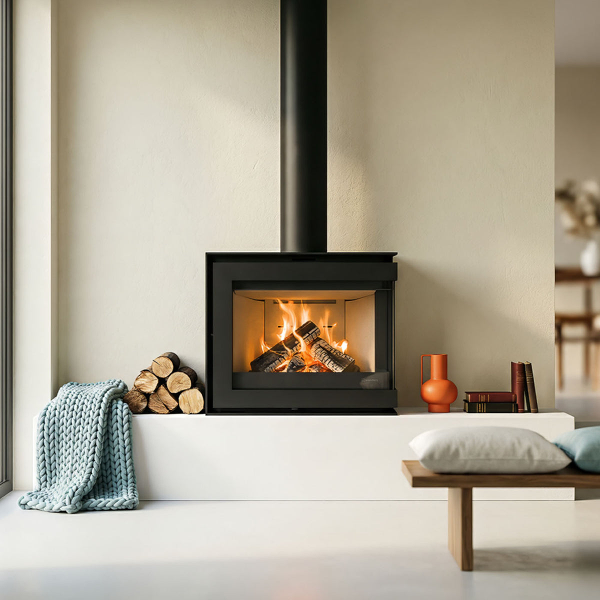 Wanders S60 hoek inzethaard met brandend hout in een modern interieur