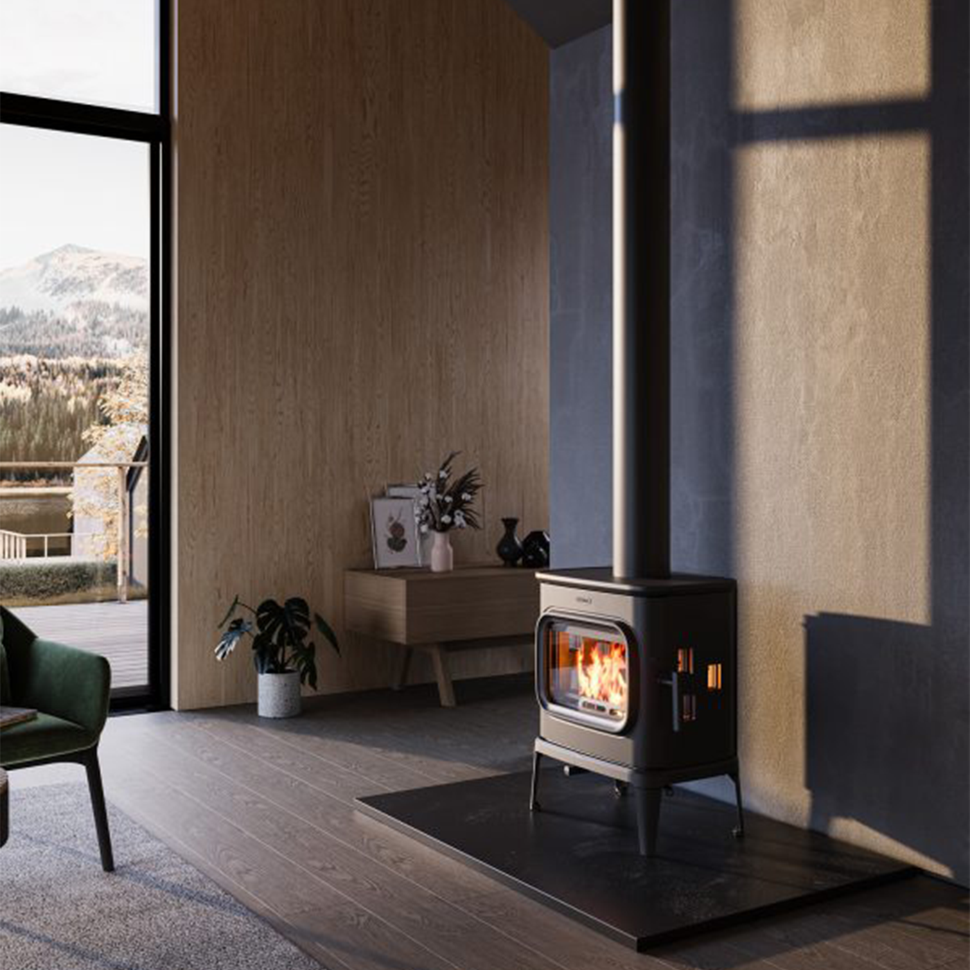 Dovre SAGA 207 houtkachel in moderne woonkamer met brandend vuur