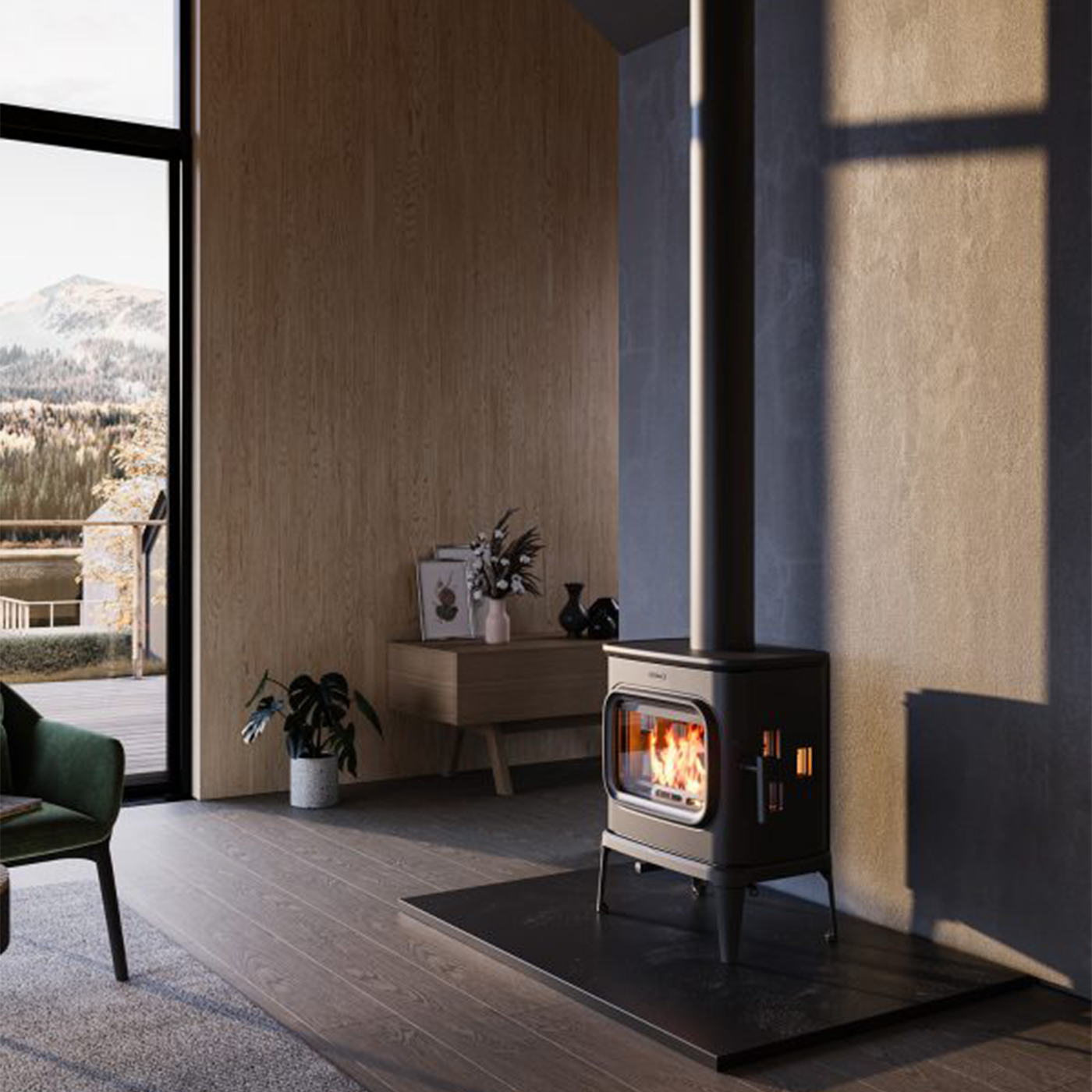 Dovre SAGA 207 houtkachel in een moderne woonkamer met grote ramen en houten vloer.