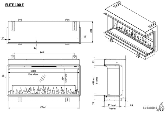 Technische tekening van Element4 Elite 100 E Supreme haard met afmetingen en zijaanzichten.