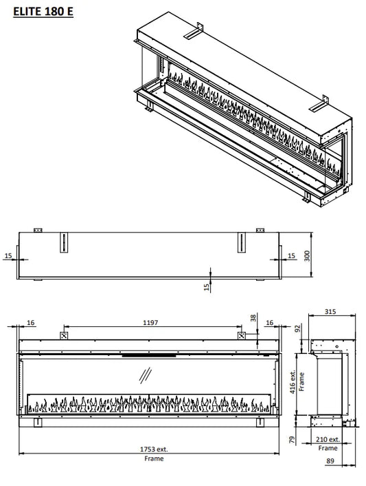 Technische tekening van de Element4 Elite 180 E Supreme haard met afmetingen en zijaanzicht.