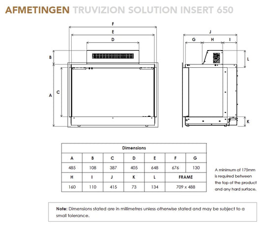 Afmetingen en technische tekening van Fair Fires Tru Vizion Solution Insert 650 Front.