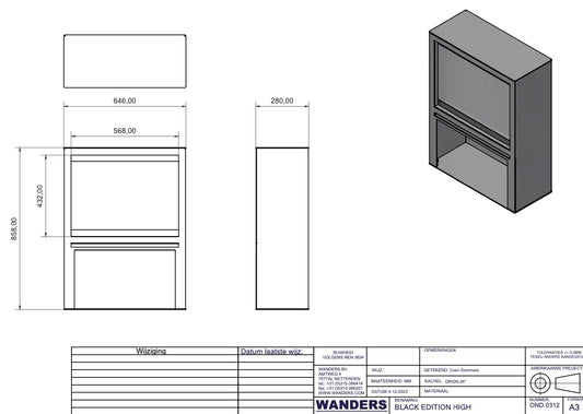 Technische tekening van Wanders Orion Traditional 26'' Black Edition High met afmetingen en zijaanzicht.