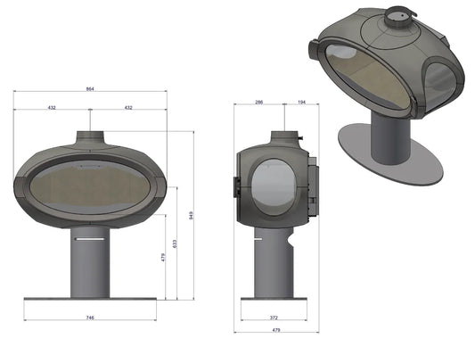 Technische tekening van Wanders Mata Round Base met afmetingen en verschillende aanzichten.