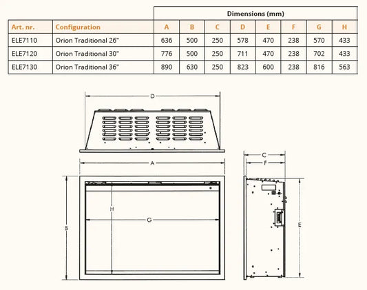 Technische tekening en afmetingen van Wanders Orion Traditional 30'' haard.