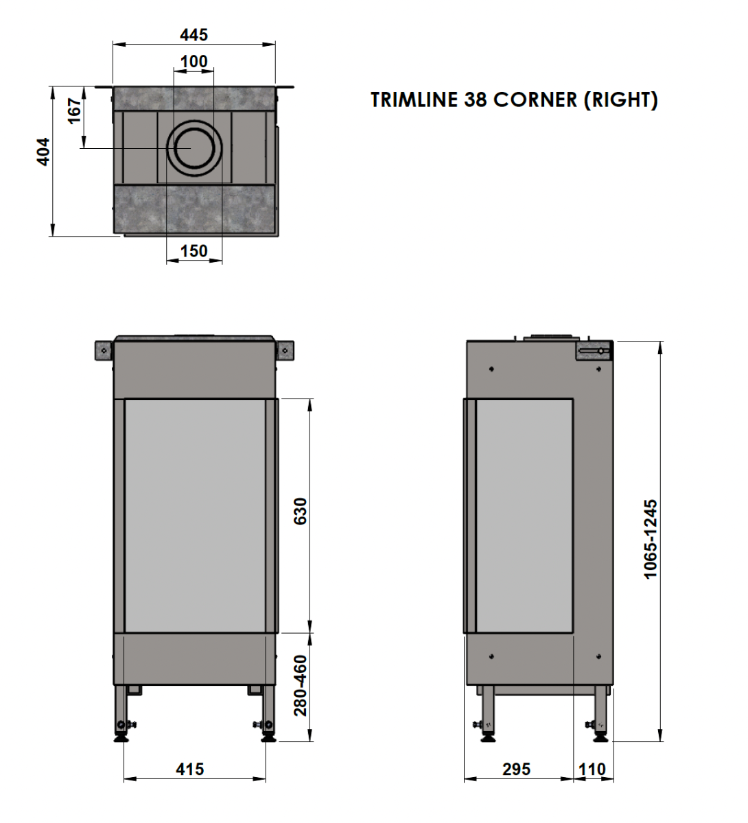 Trimline Fires 38 Corner rechts technische maatvoeringstekening