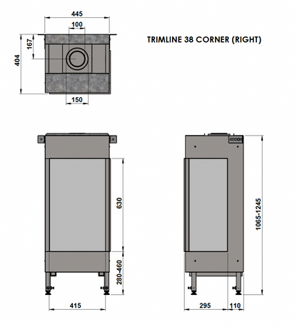 Trimline Fires 38 Corner rechts technische maatvoeringstekening