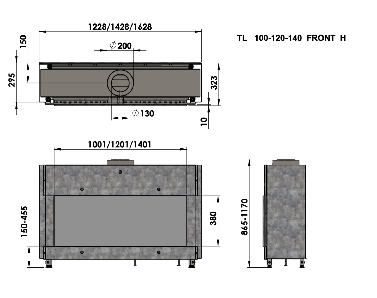 Trimline Fires 100 Front technische maattekening met front- en zijaanzicht
