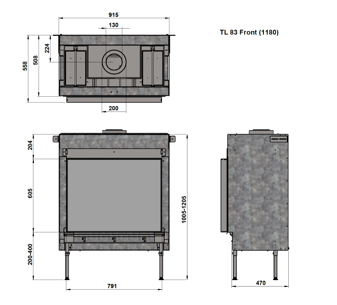 Trimline Fires 83 Front technische tekening met afmetingen