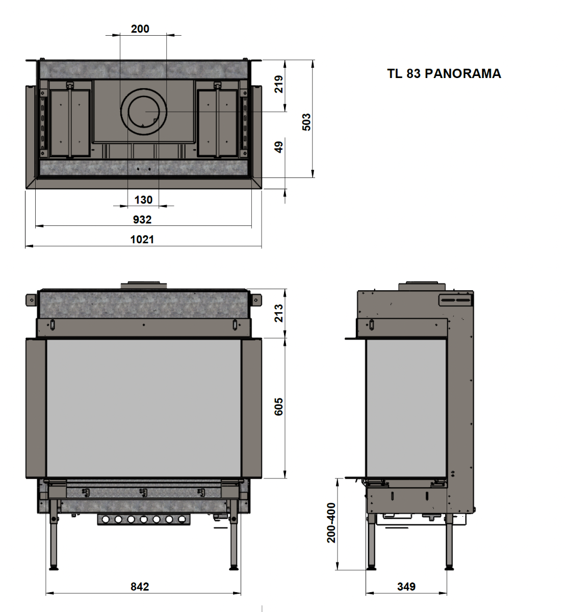 Trimline Fires 83 Panoramic technische maattekening met voor-, zij- en bovenaanzicht