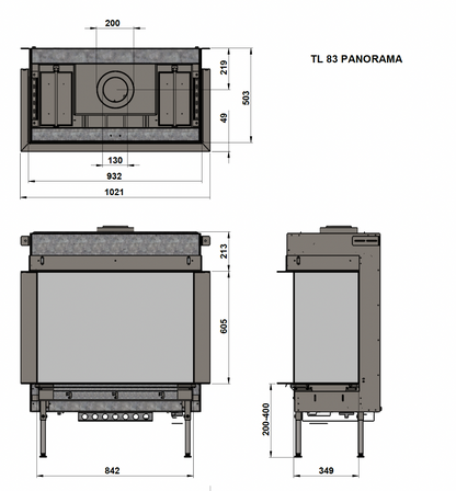 Trimline Fires 83 Panoramic technische maattekening met voor-, zij- en bovenaanzicht