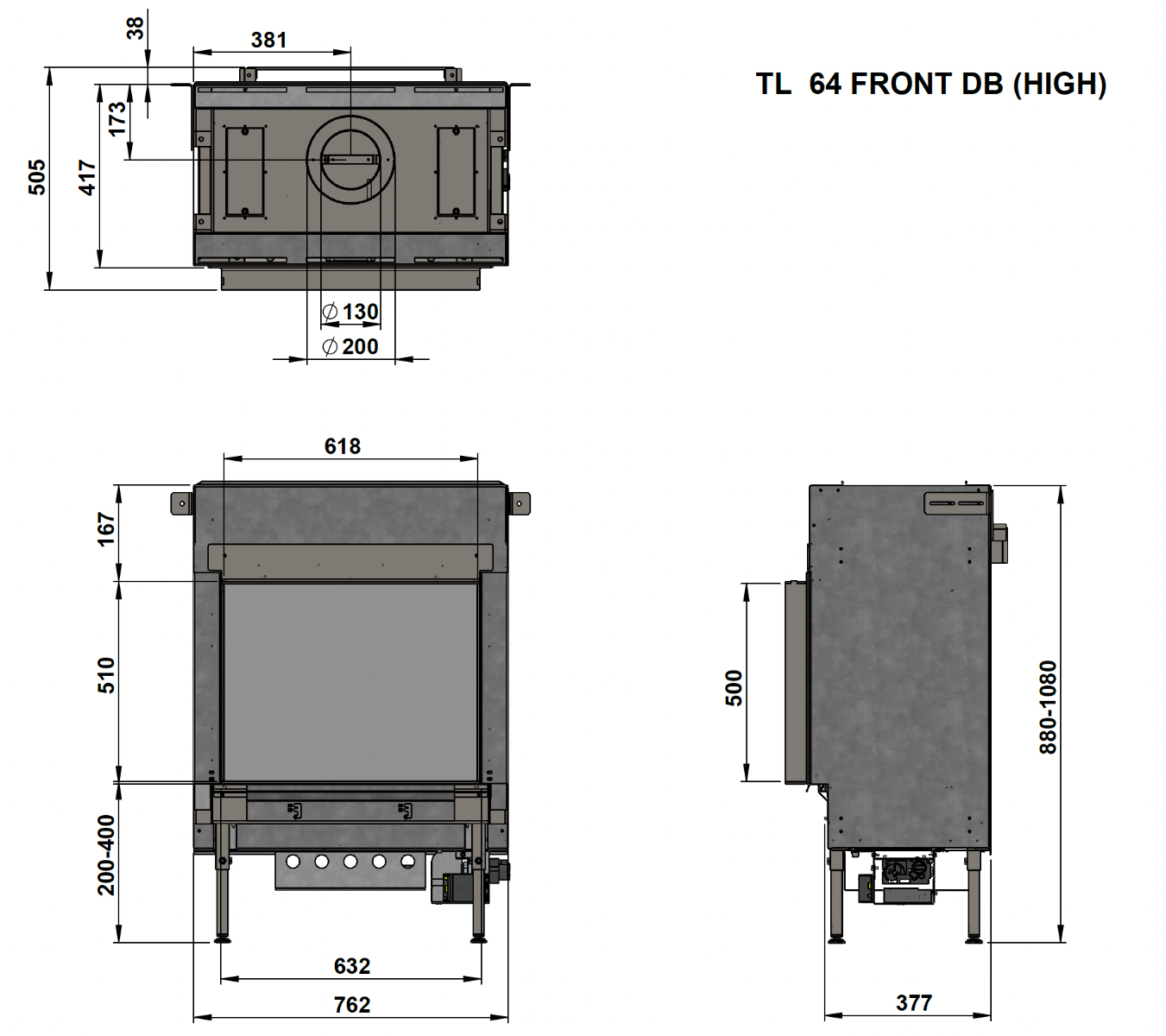 Trimline Fires 64 Front technische maattekening van inbouwhaard