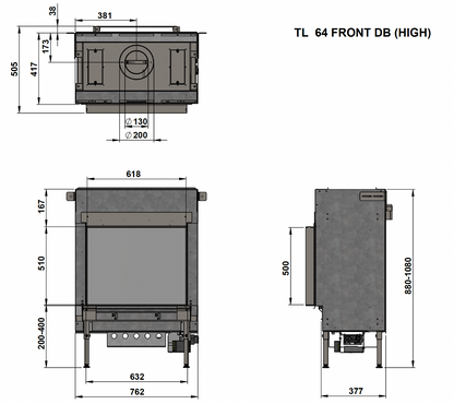 Trimline Fires 64 Front technische maattekening van inbouwhaard