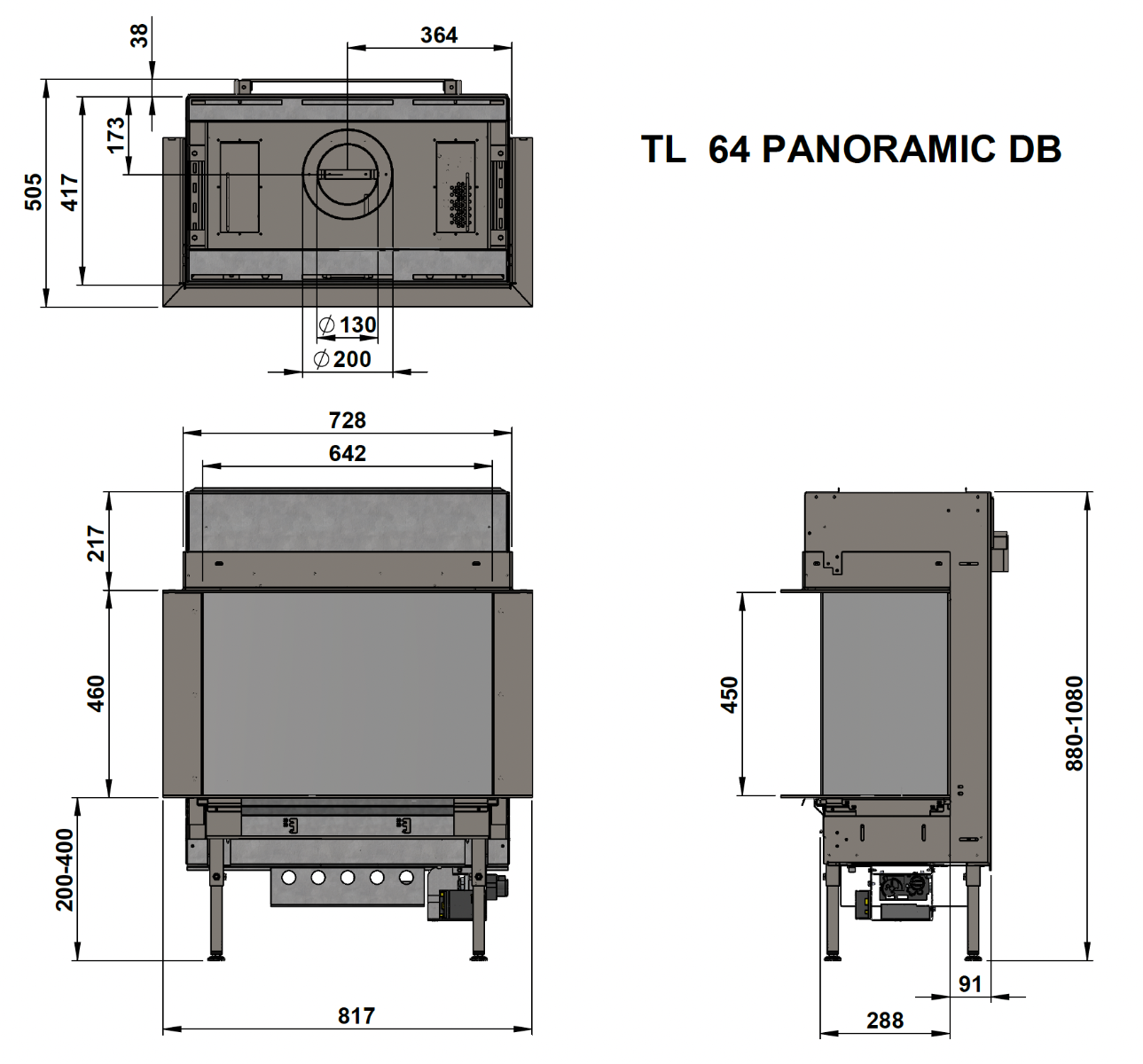 Technische tekening Trimline Fires 64 Panoramic met maatvoering