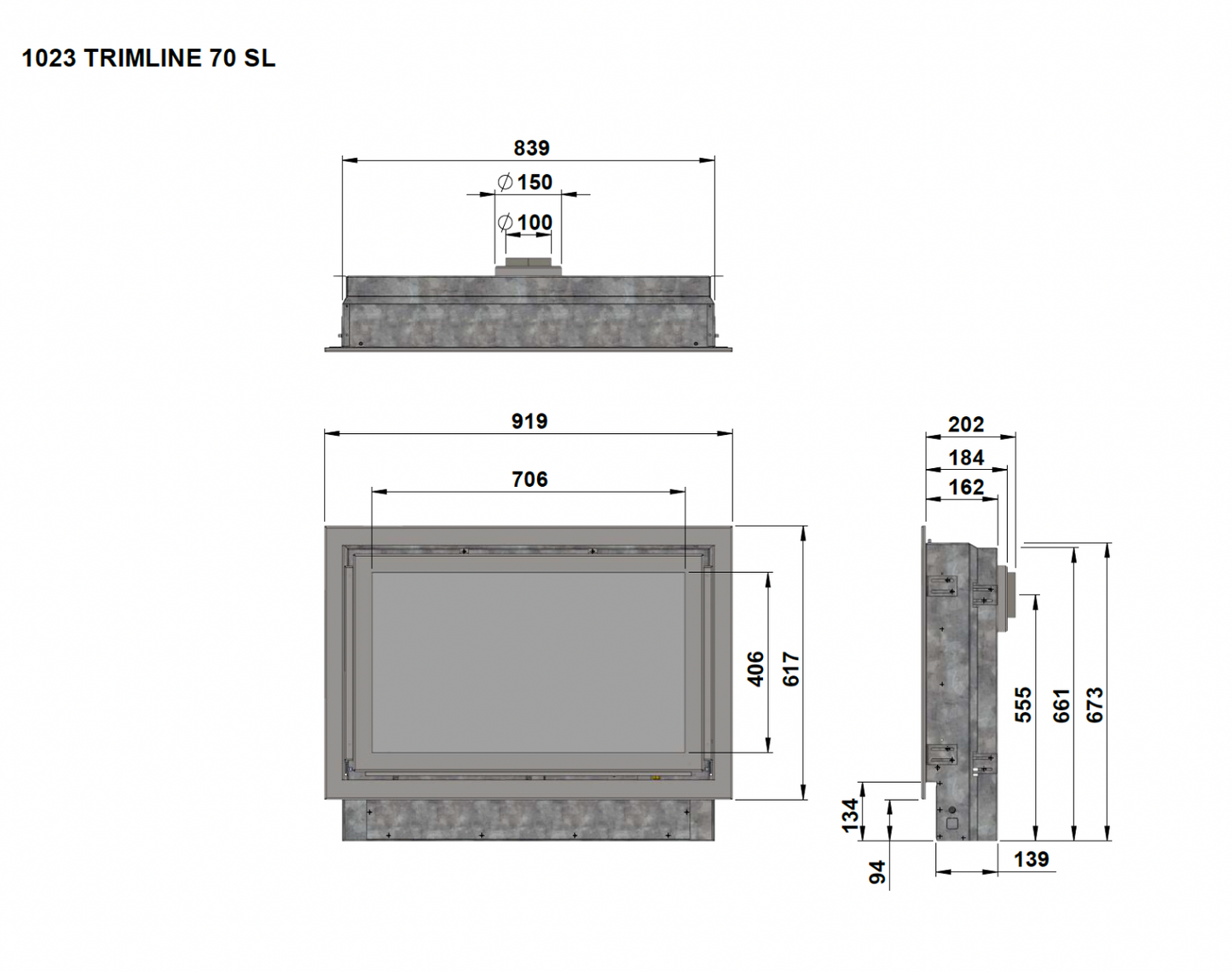 Trimline Fires 70 Slim Line technische maattekening met afmetingen