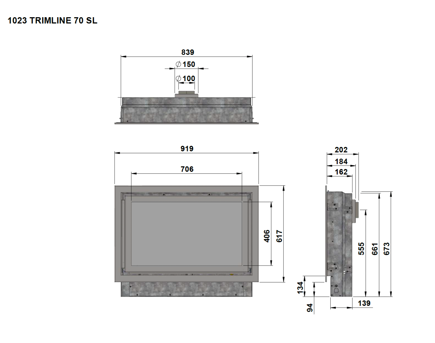 Trimline Fires 70 Slim Line technische maattekening met afmetingen