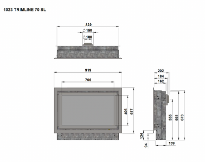 Trimline Fires 70 Slim Line technische maattekening met afmetingen