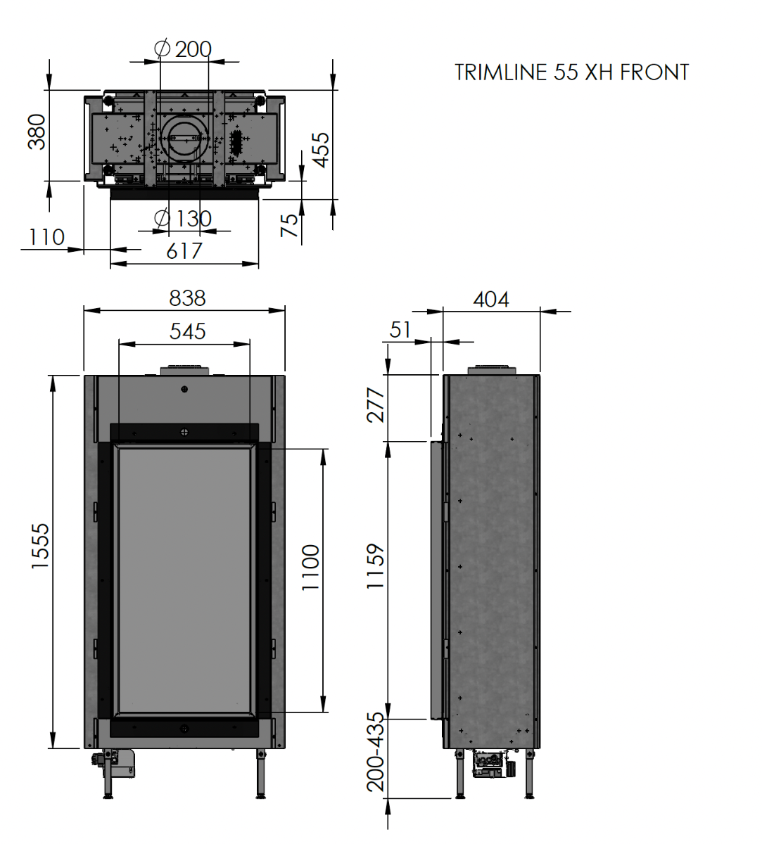 Trimline Fires 55XH Front technische maatvoeringstekening