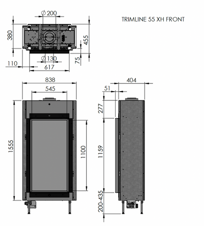 Trimline Fires 55XH Front technische maatvoeringstekening