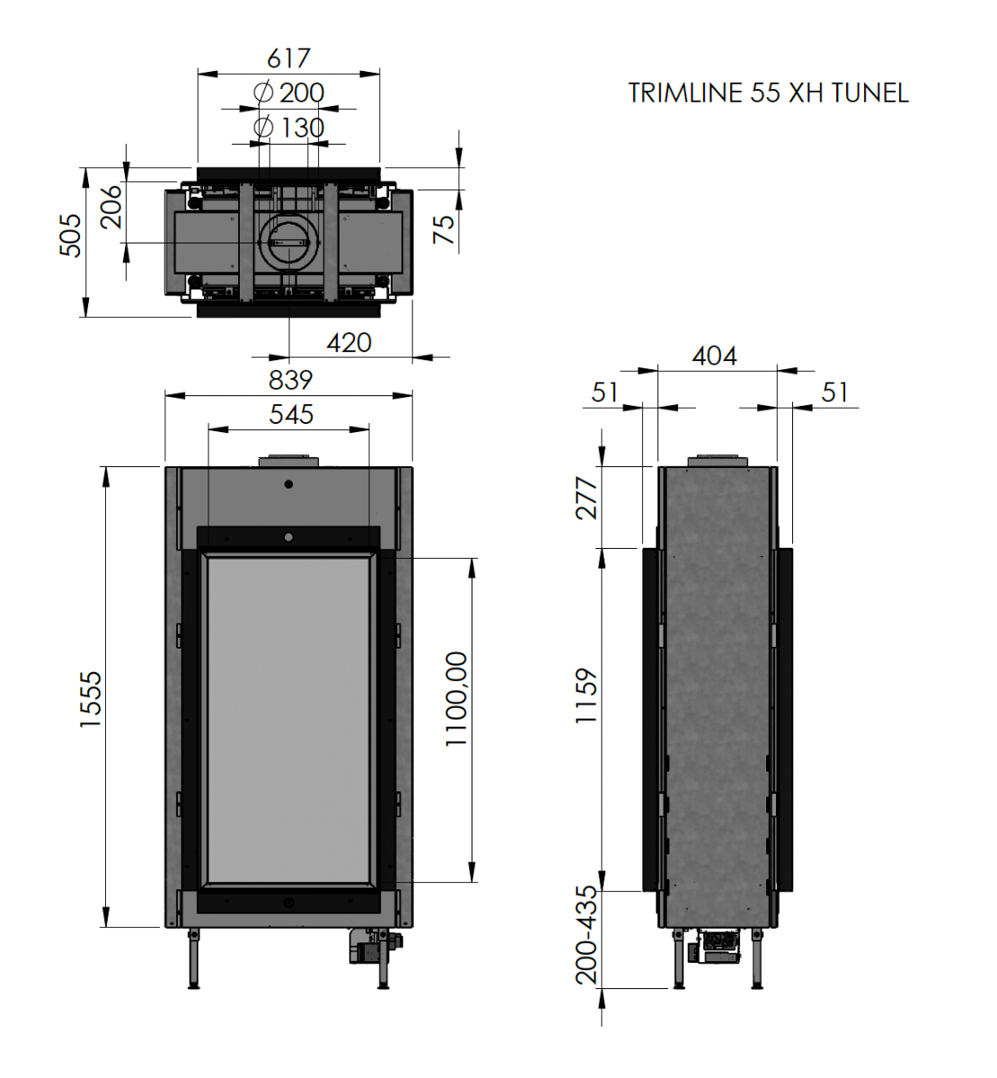 Trimline Fires 55XH Tunnel technische tekening met maatvoering