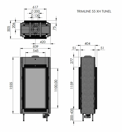 Trimline Fires 55XH Tunnel technische tekening met maatvoering