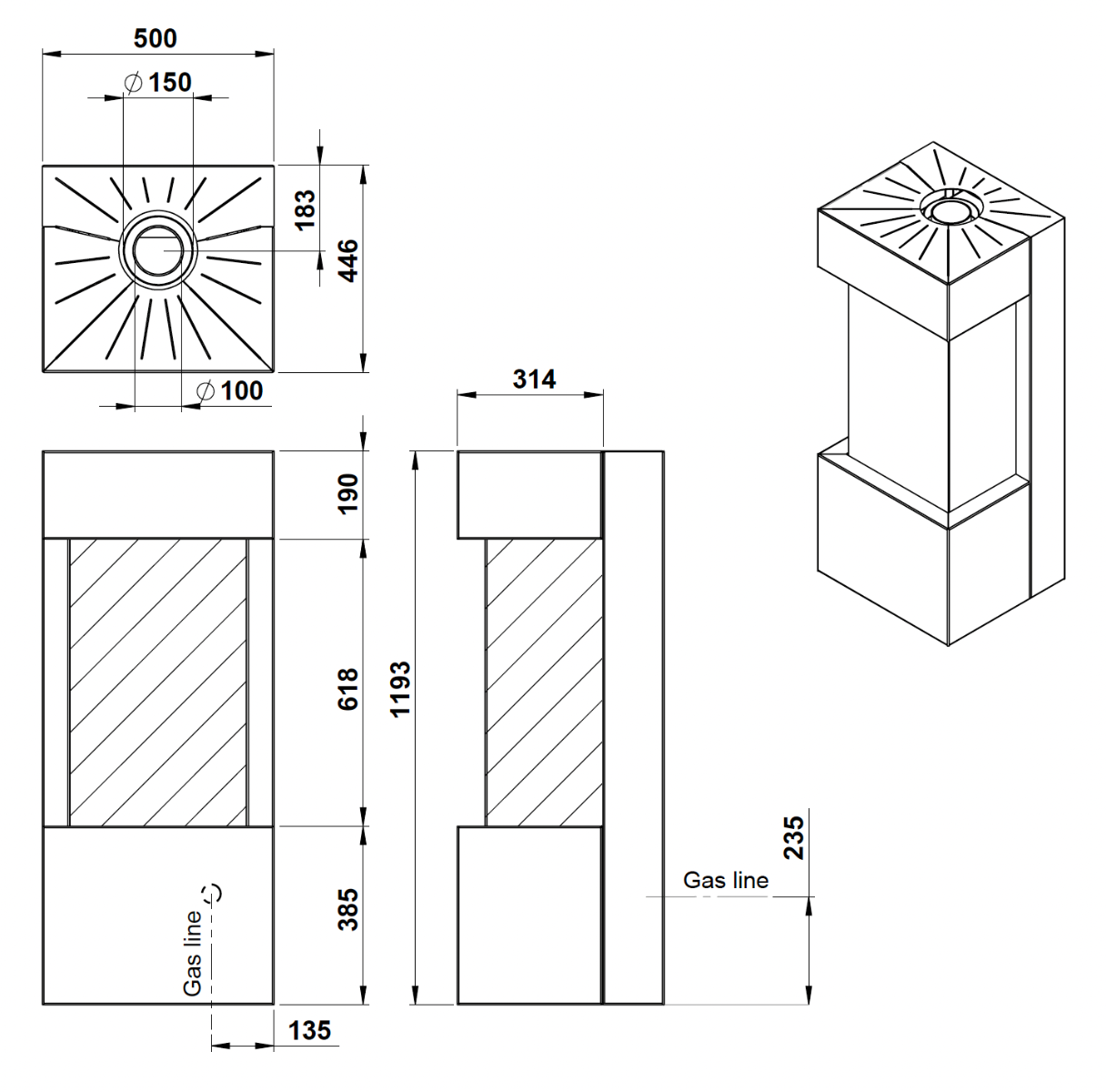 Trimline Fires Quartz technische maatvoeringstekening