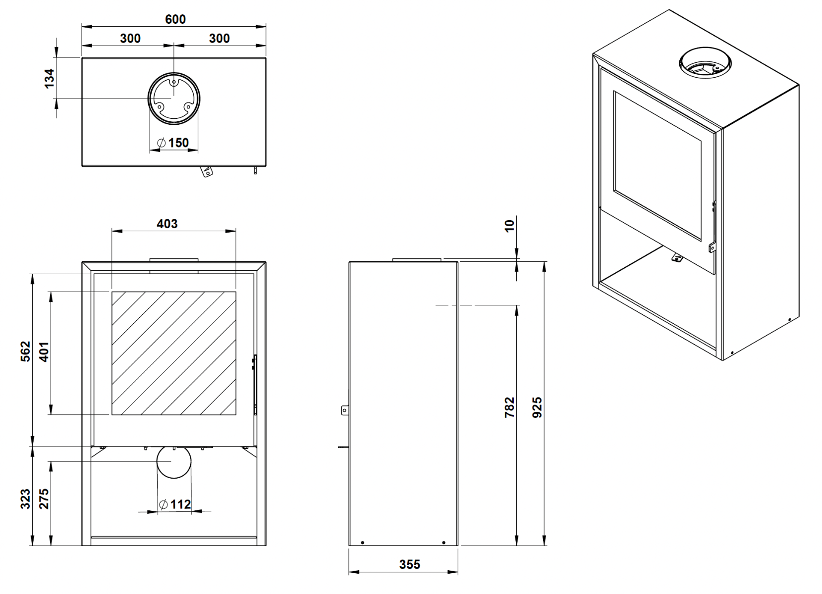 Trimline Fires Woody Air 8 technische maattekening