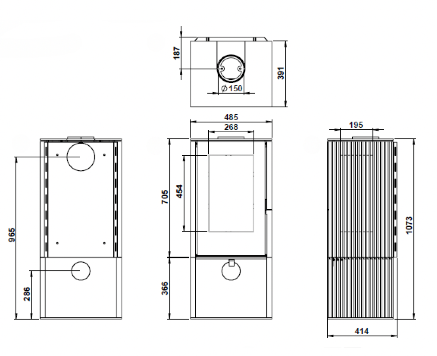 Trimline Fires Woody Loft 3S-O technische maattekening met voor-, zij- en bovenaanzicht