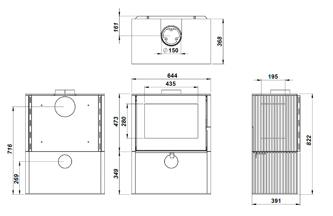 Trimline Fires Woody Loft 3L technische maattekening