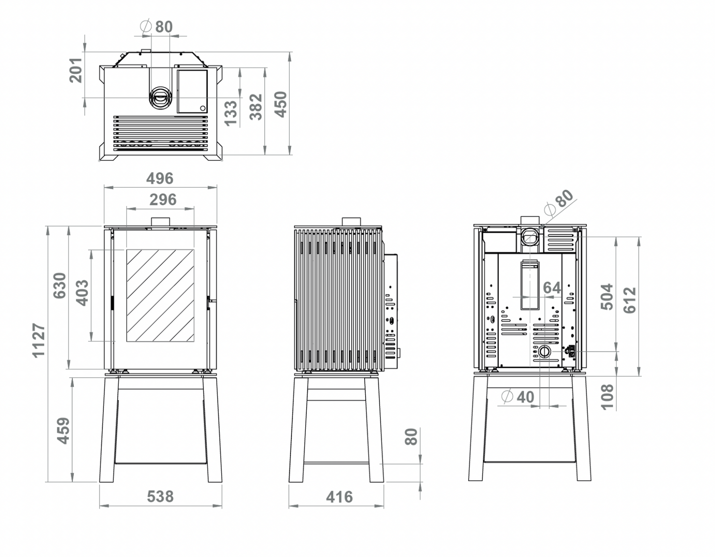 Trimline Fires Woody Loft Pellet technische maattekening