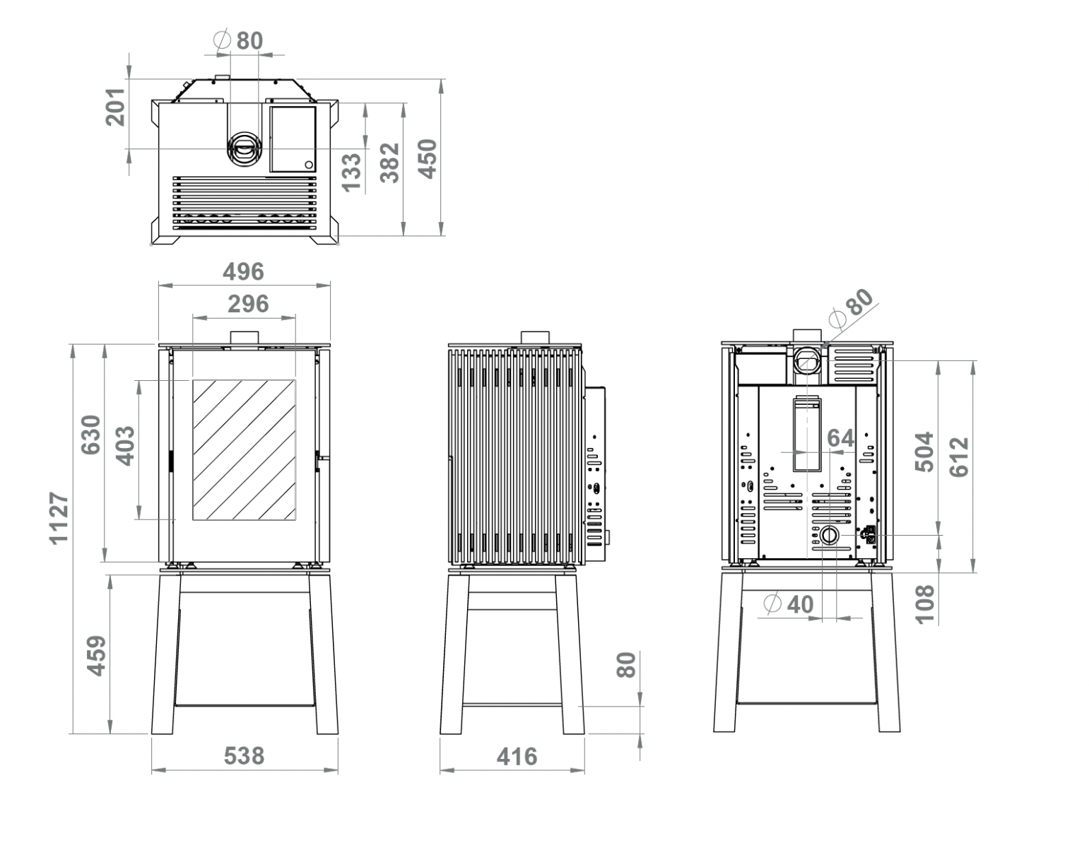Trimline Fires Woody Loft Pellet technische maattekening