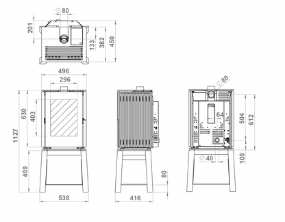 Trimline Fires Woody Loft Pellet technische maattekening