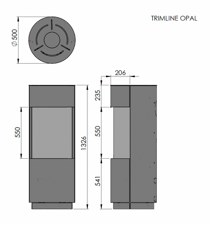 Trimline Fires Opal technische tekening met afmetingen