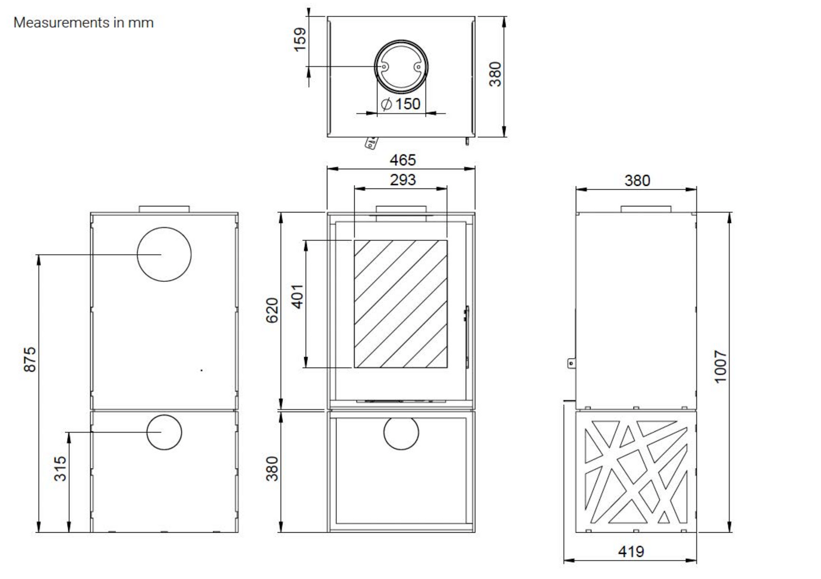Trimline Fires Woody Orbit technische maat­tekening met voor-, zij- en aanzicht.
