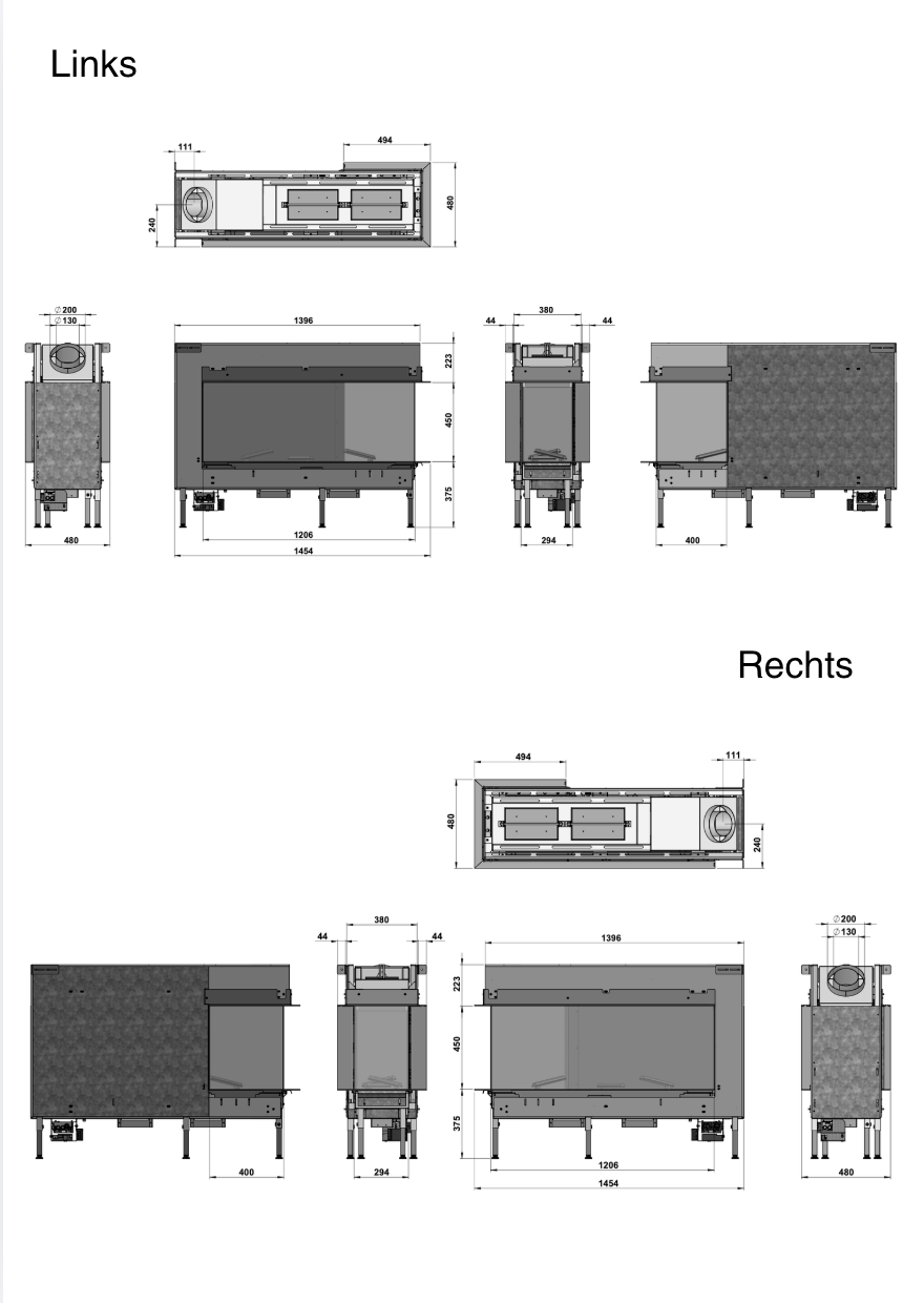 Technische maattekening van Trimline Fires 120 3/4 Room Divider vanuit meerdere aanzichten