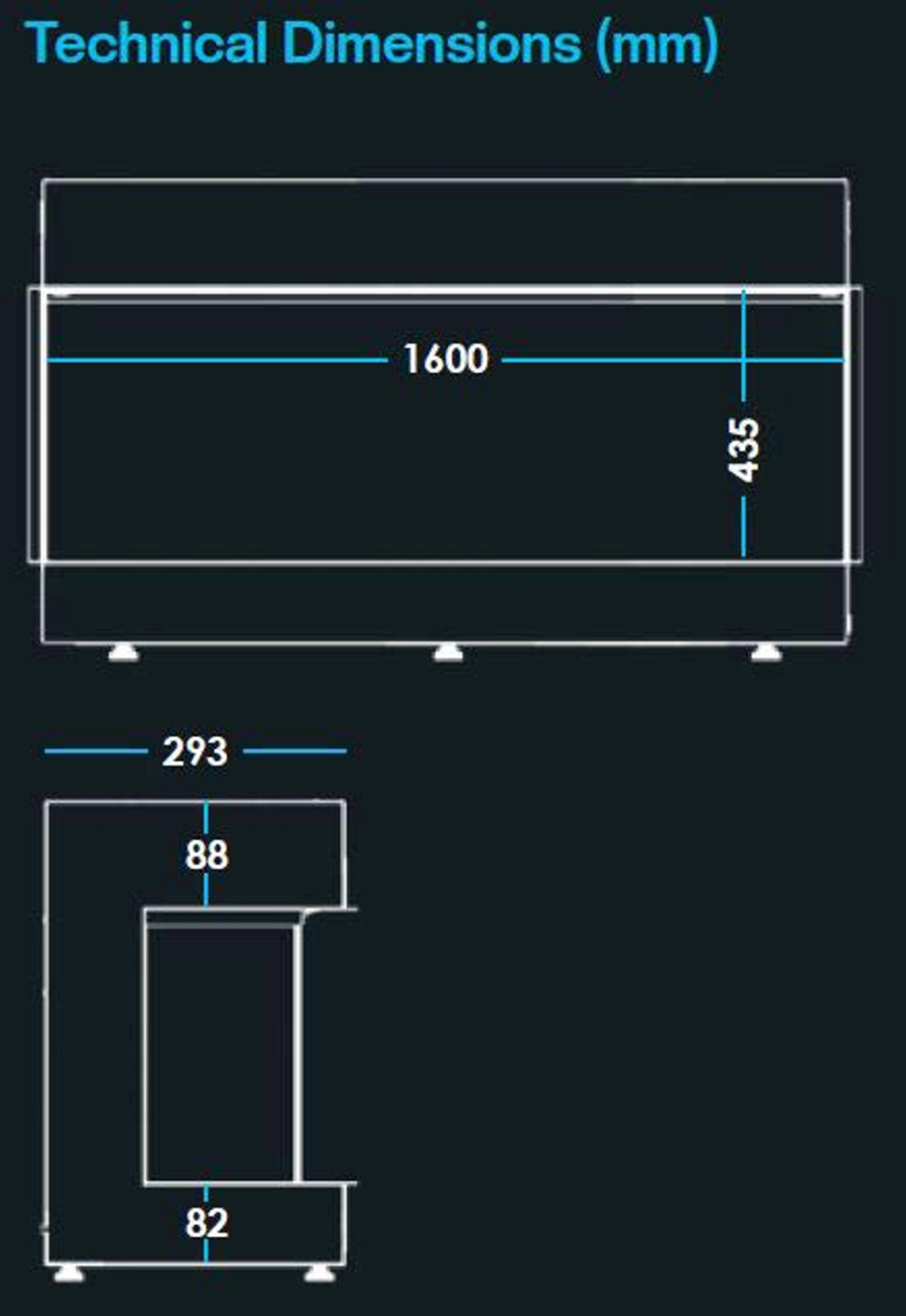 Technische maattekening van Fair Fires Solution Pure 1600 met afmetingen in millimeters