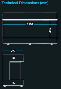 Technische maattekening van Fair Fires Solution Pure 1600 met afmetingen in millimeters