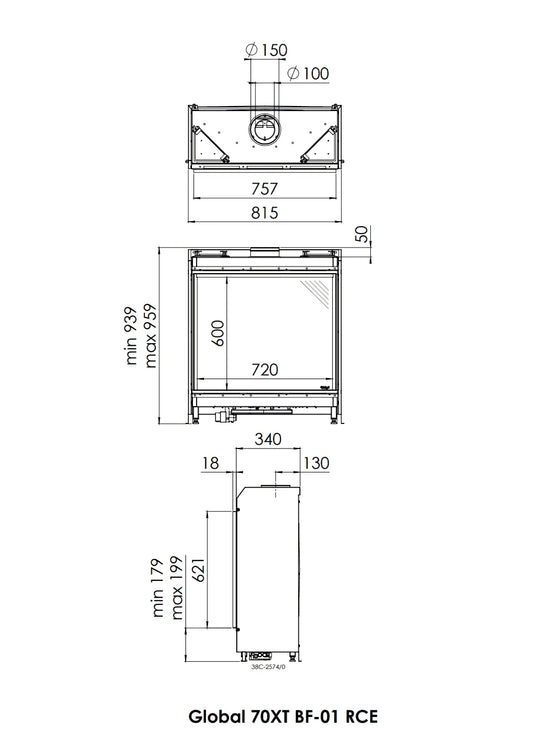 Technische tekening met afmetingen van de DRU Global 70XT BF gashaard.