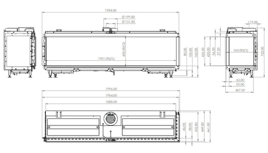 Technische tekening van Element4 Summum 190 C Hoekhaard met gedetailleerde afmetingen en specificaties.