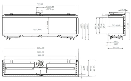 Technische tekening van Element4 Summum 190 3-zijdige haard met gedetailleerde afmetingen.