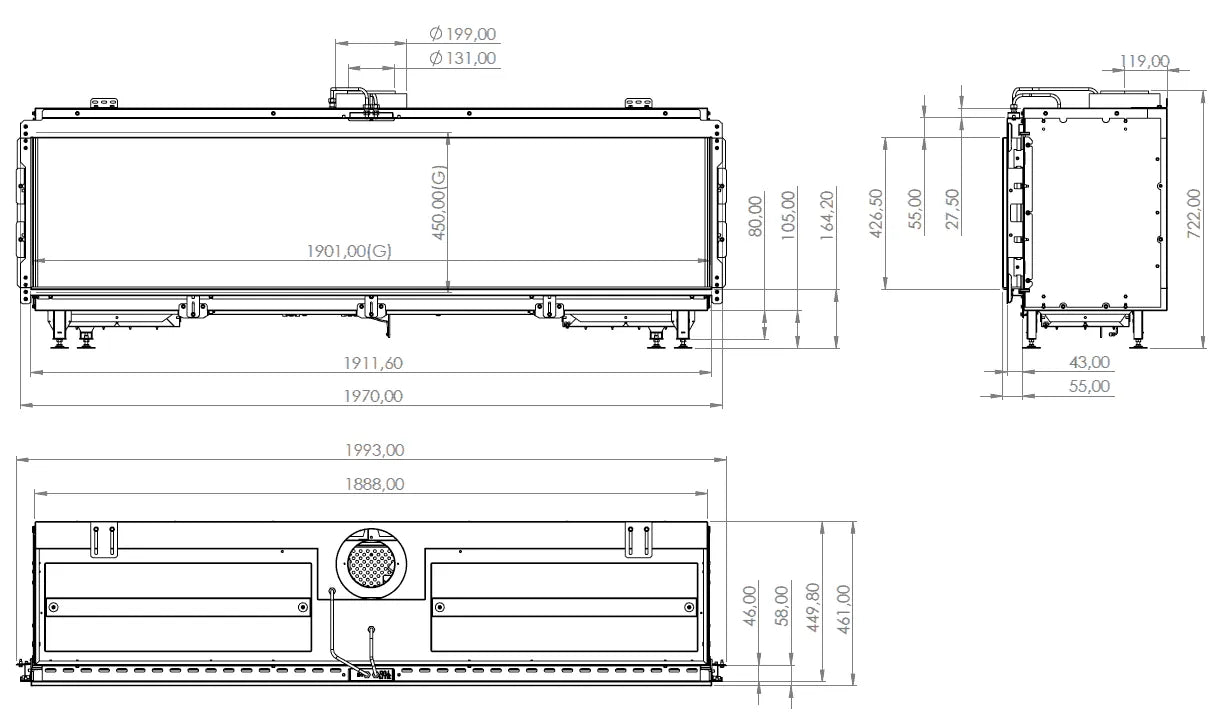 Technische tekening van Element4 Summum 190 Fronthaard met gedetailleerde afmetingen en specificaties.