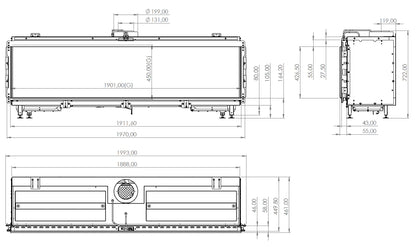 Technische tekening van Element4 Summum 190 Fronthaard met gedetailleerde afmetingen en specificaties.