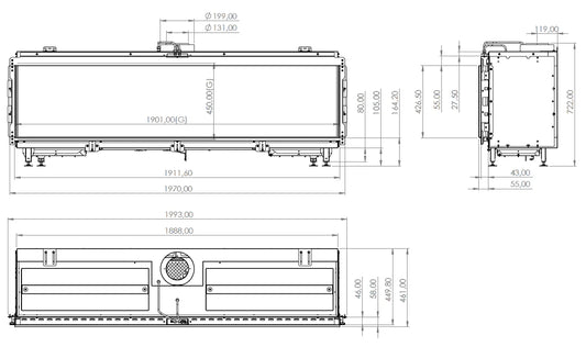 Technische tekening van Element4 Summum 190 Fronthaard met gedetailleerde afmetingen en specificaties.