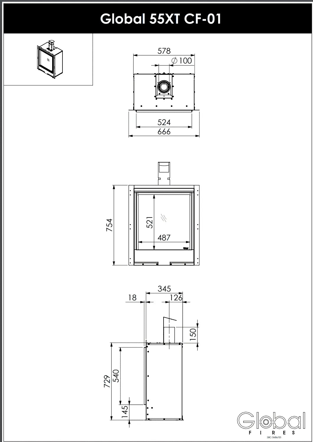 Technische tekening van DRU Global 55XT CF (Open Systeem) met afmetingen en aansluitpunten.