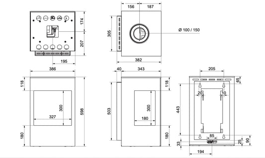 Technische tekening van Wanders Onyx Wall gaskachel met gedetailleerde afmetingen en aansluitpunten.