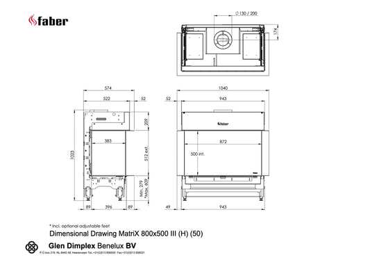 Technische tekening van Faber Matrix Hybrid 800/500 III driezijdig met gedetailleerde afmetingen en specificaties.