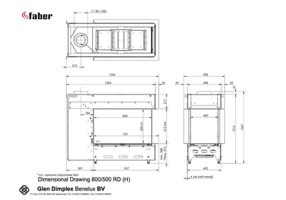 Technische tekening van Faber Matrix Hybrid 800/500 RD met gedetailleerde afmetingen en specificaties.